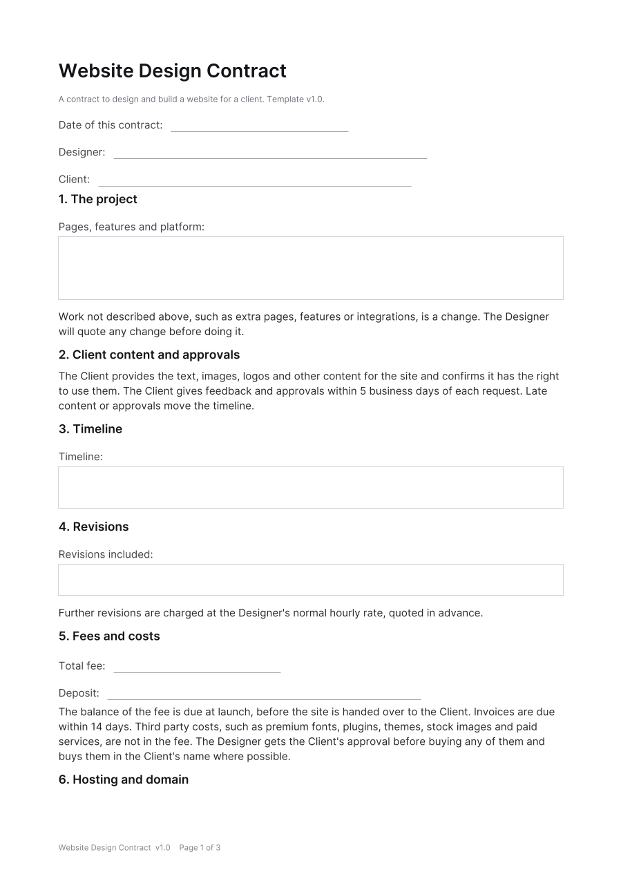 First page of the Website Design Contract template